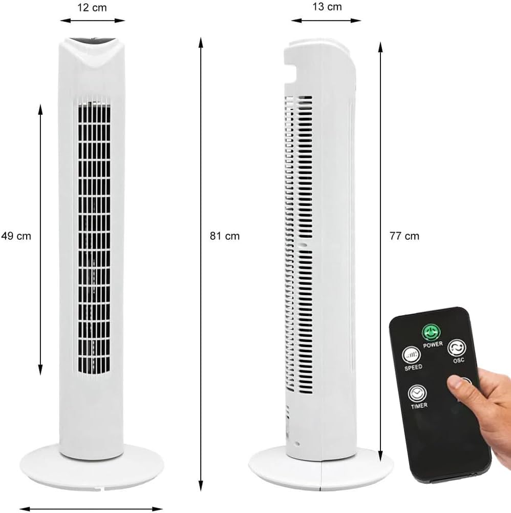 BAKAJI Turmventilator leise Säule automatische Oszillation Leistung 45 W Höhe 80 cm mit 3 Geschwindi