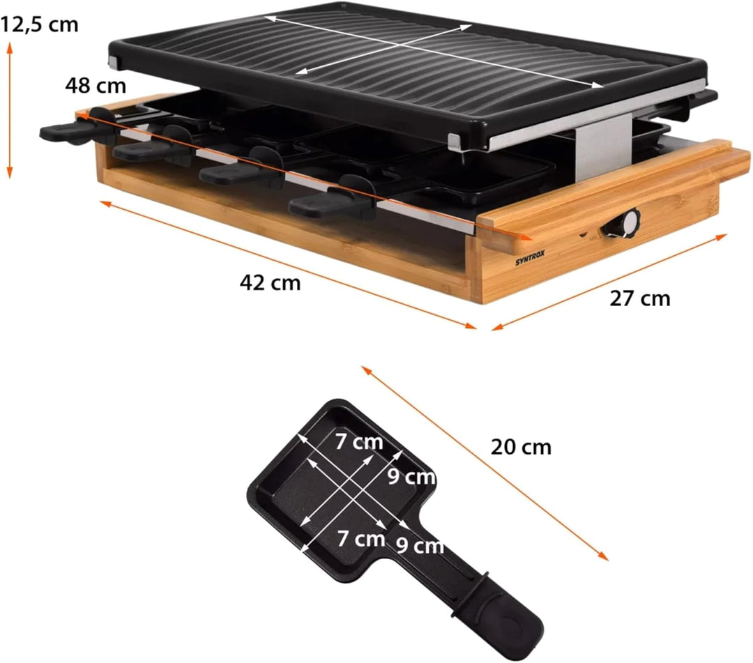 Syntrox Raclette Grill 8 Personen Leitol 1200W, Raclettegrill Elektrisch mit Emaillierter Grillplatt