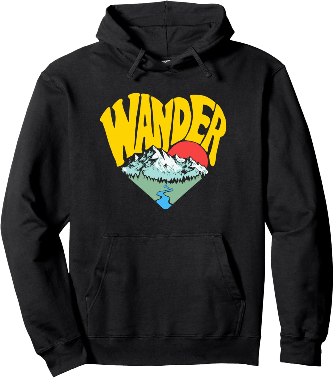 Wander Retro Outdoor Nature Lover Heart Sketch Graphic Pullover Hoodie
