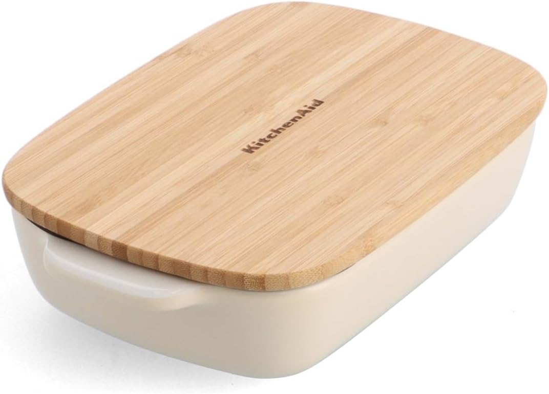 KitchenAid Stoneware Backform Rechteckig Keramik Antihaftbeschichtung mit Bambusdeckel, 20 cm/0,9L,