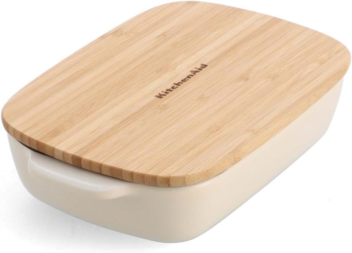KitchenAid Stoneware Backform Rechteckig Keramik Antihaftbeschichtung mit Bambusdeckel, 20 cm/0,9L,