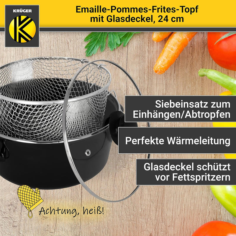 Krüger Emaille-Pommes-Frites-Topf mit Chromrand, Siebeinsatz und Aufliege-Glasdeckel - 24cm - perfek