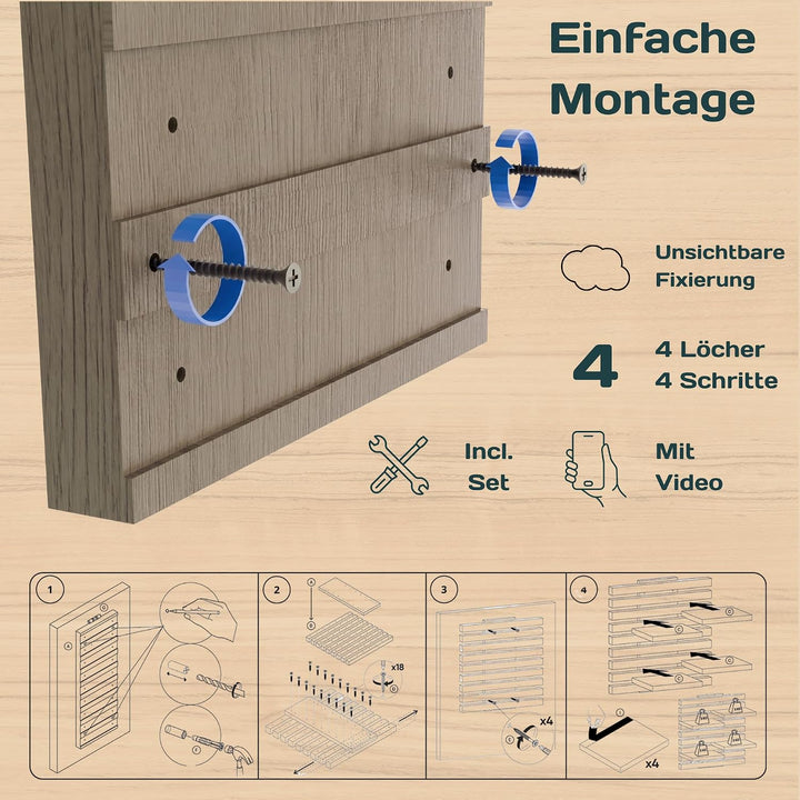 Wandregal Holz Hängend - Modulares Bücherregal Set aus Massivholz - Schwebendes Regalbrett für Wohnz