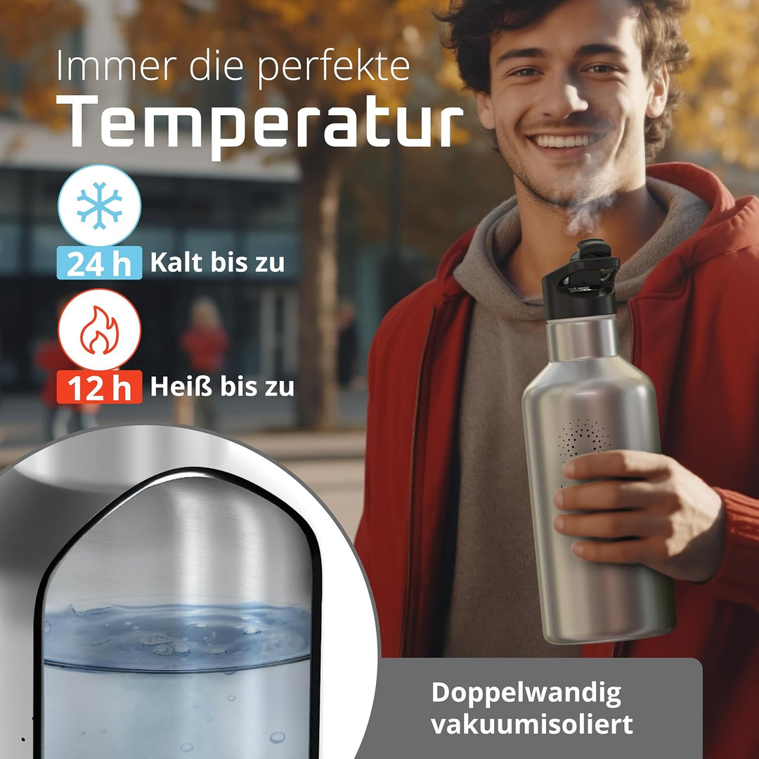 Trinkflasche Edelstahl ACTIVE FLASK + Strohhalm (3 Deckel) BPA-frei, Auslaufsicher, Kohlensäure geei