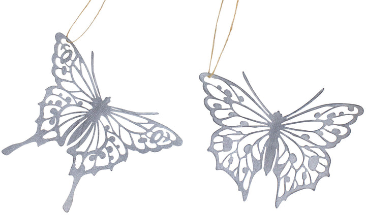 2 x Metall Schmetterling filigran zum Hängen Dekoration grau Silber Tierfigur Gartendeko 2er Set Mot
