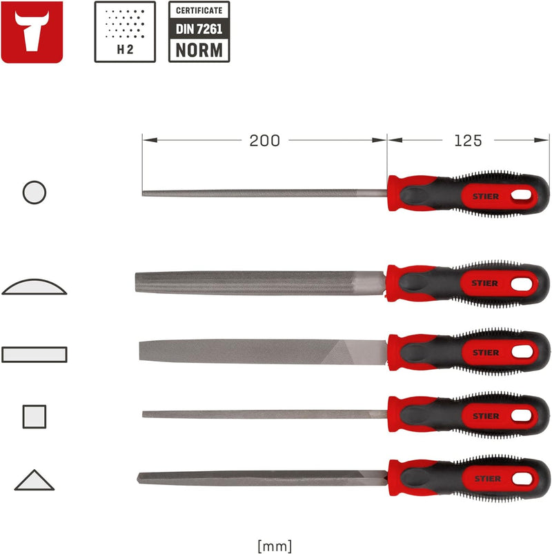 STIER Werkstattfeilen-Satz, 200 mm H2 5-teilig in Weichschaumeinlage (EVA)
