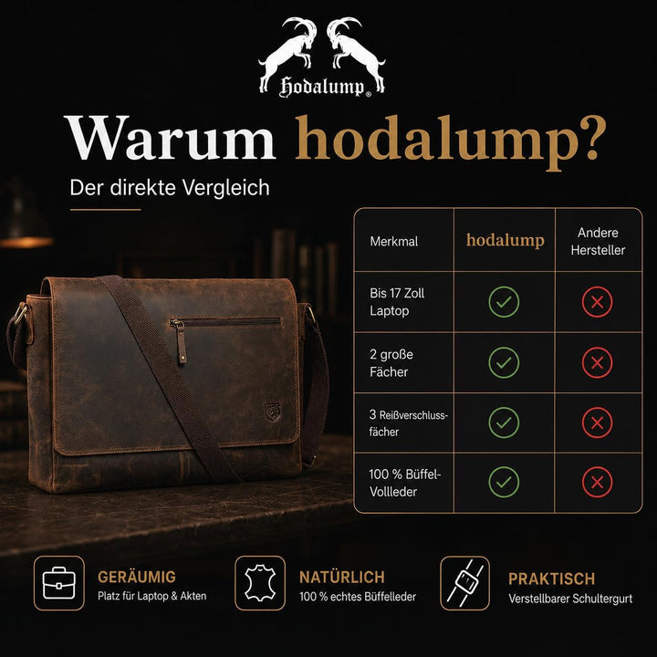 hodalump - Premium Echt-Leder Laptoptasche (bis 17 Zoll) als Umhängetasche - Notebooktasche für Dame