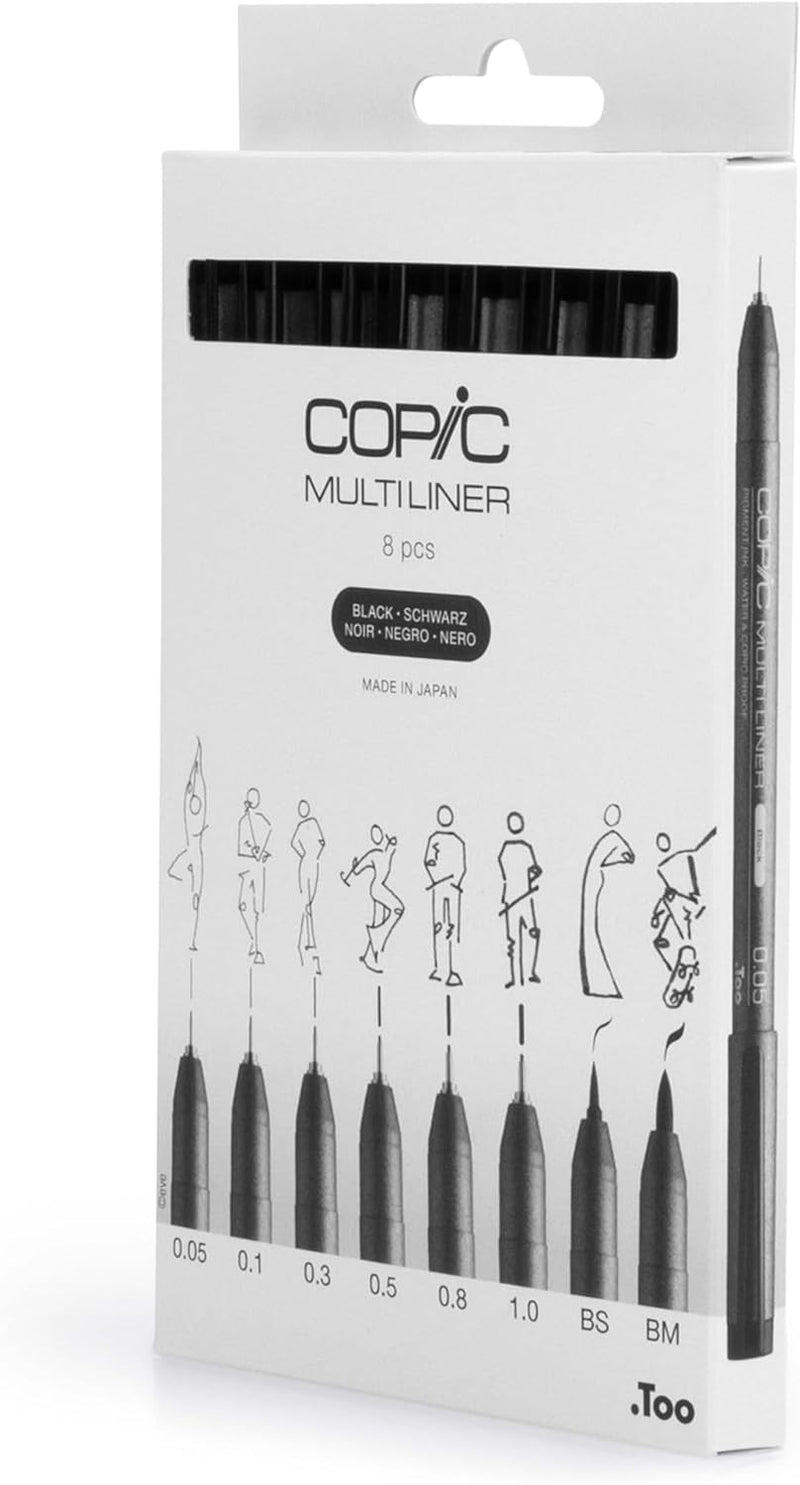 Copic Multiliner Set schwarz, 8 Stifte in 8 verschiedenen Strichstärken mit wasserfester Pigmenttint