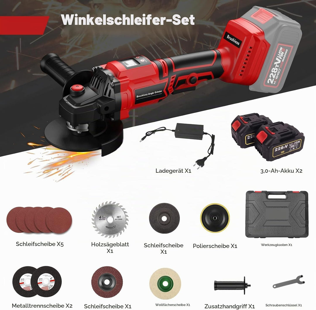 Iriisy Akku Winkelschleifer 115mm 21V Professional mit Digitalanzeige, 3 Modi Bürstenloser Winkelsch
