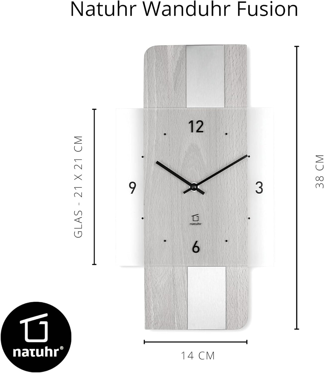 Natuhr Holz Metall Glas Wanduhr - Fusion - präzises Funk-Uhrwerk plastikfrei verpackt (Eiche rustika