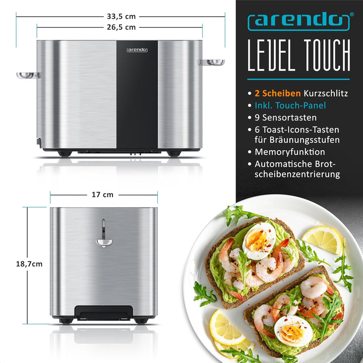 Arendo - Edelstahl Toaster 2 Scheiben - Touchscreen – Doppelwandgehäuse – 800 W – Integrierter Brötc