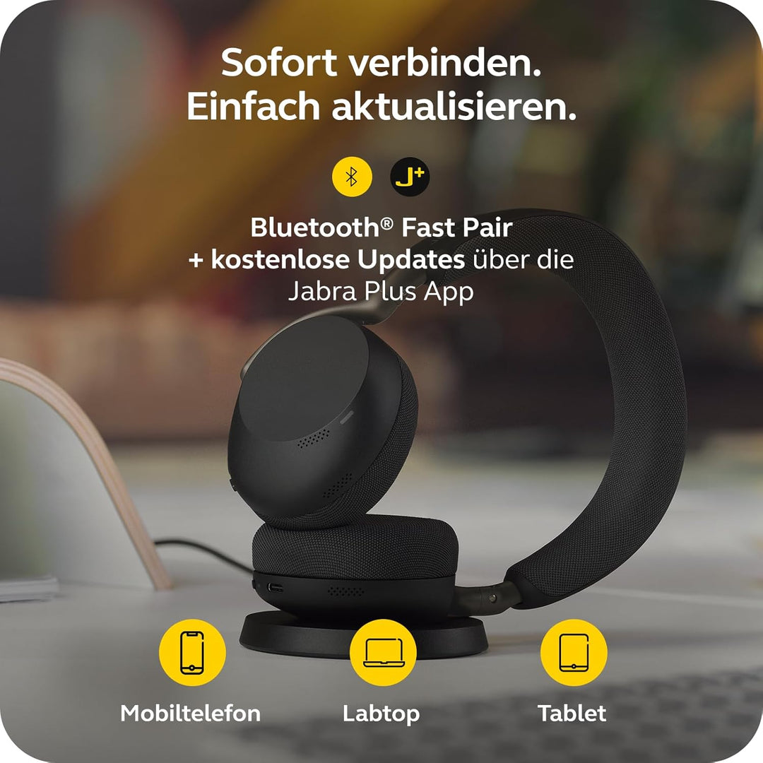 Jabra Evolve3 75 On-Ear Bluetooth Headset kabellos mit Mikrofon &amp; Ladestation für Büro, USB-A, KI-Sp