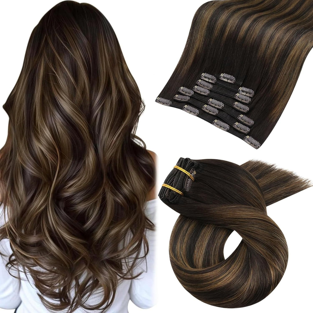 Moresoo Haarverlängerung Echthaar Clip in Extensions Echthaar Balayage Dunkelstes Braun mit Mittelbr