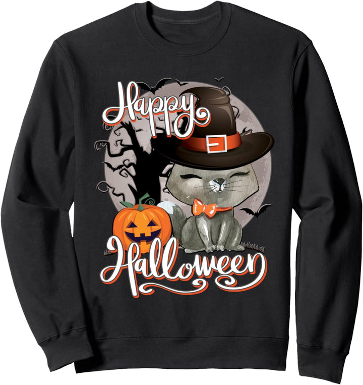 Happy Halloween Cute Cat in Witch Hat Pumpkin Spooky Novelty Sweatshirt