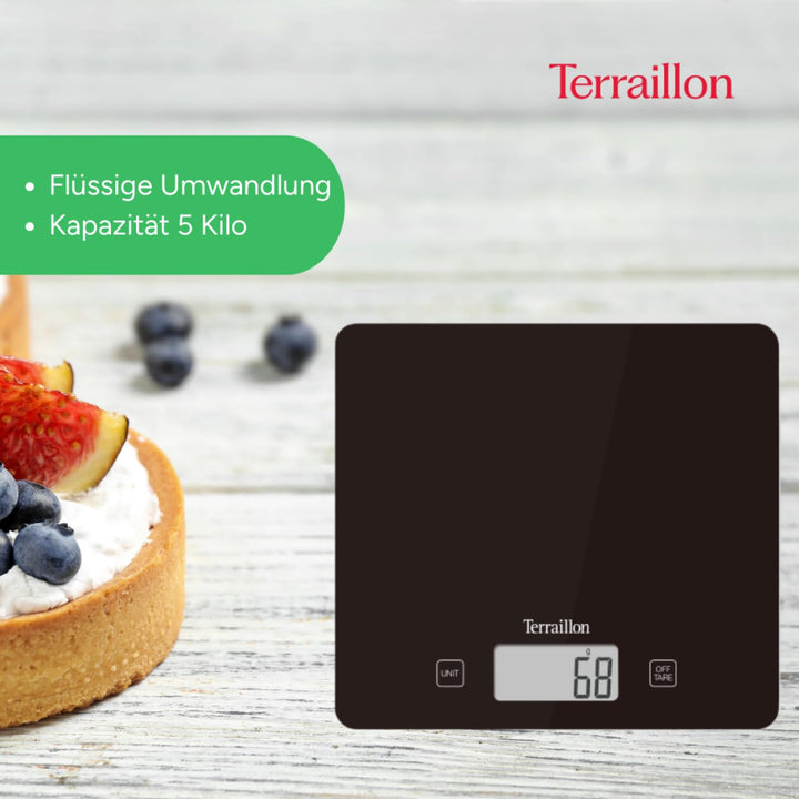 Terraillon Küchenwaage, Mit Tara-Funktion, Flüssigkeitsanzeige, Ultradünn, Bis 3 kg, T1040, Motiv Ba