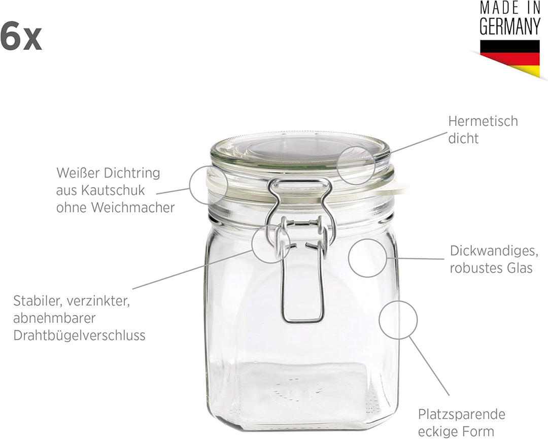 MÄSER 925339 Gothika, Einmachgläser 750 ml, 6er Set, made in Germany, Vorratsgläser mit Deckel und D