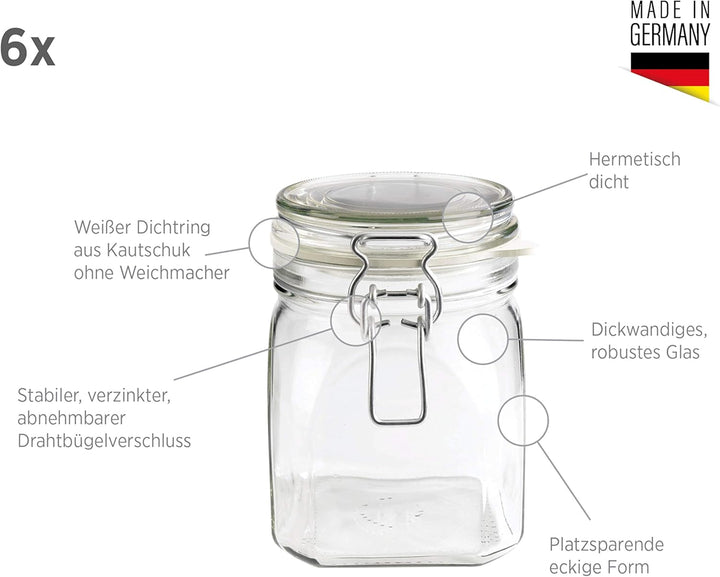 MÄSER 925339 Gothika, Einmachgläser 750 ml, 6er Set, made in Germany, Vorratsgläser mit Deckel und D