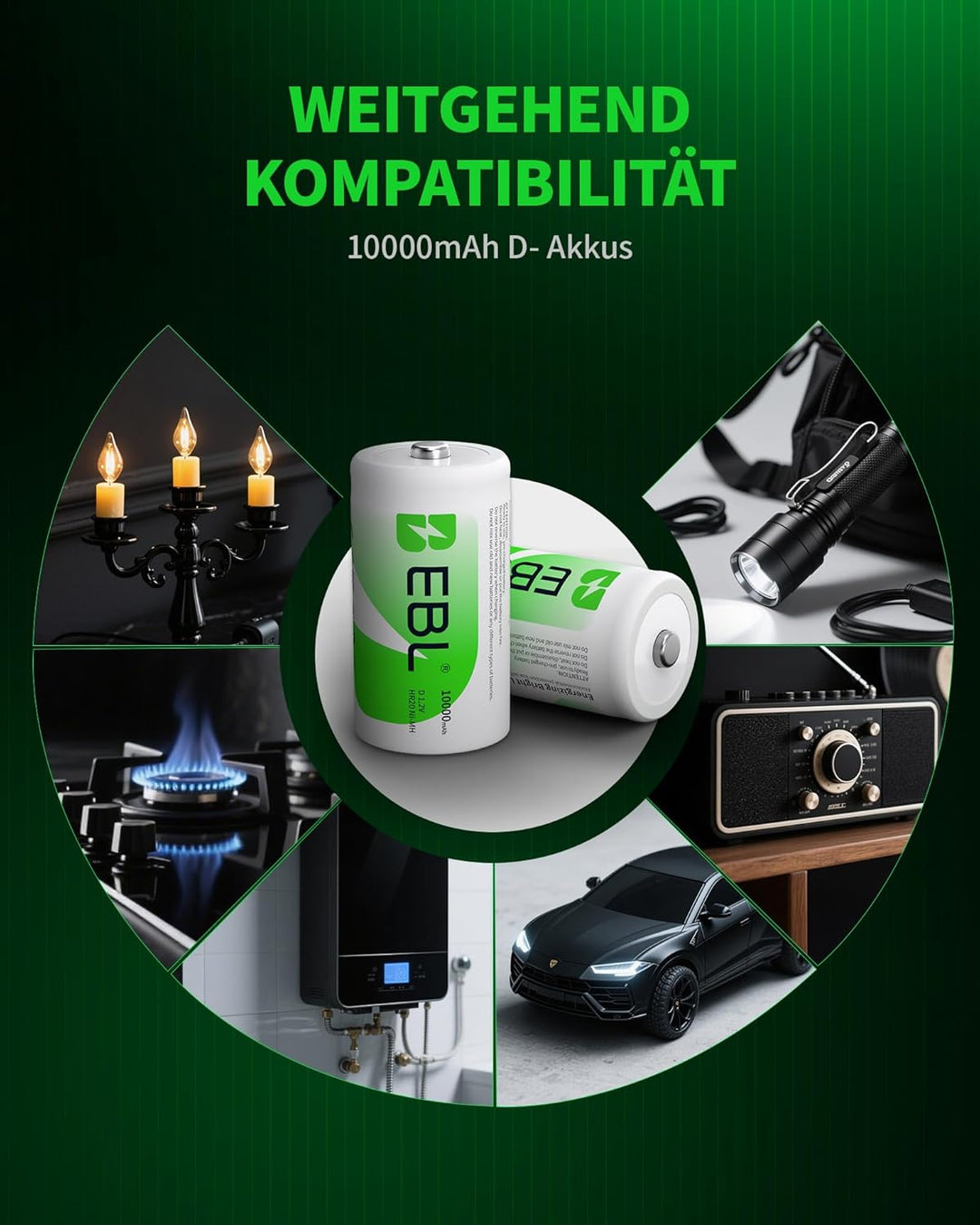 EBL D Akku 10000mAh, Wiederaufladbare D Zelle NI-MH Batterie 4 Stück mit Aufbewahrungsbox, Mono D Ak