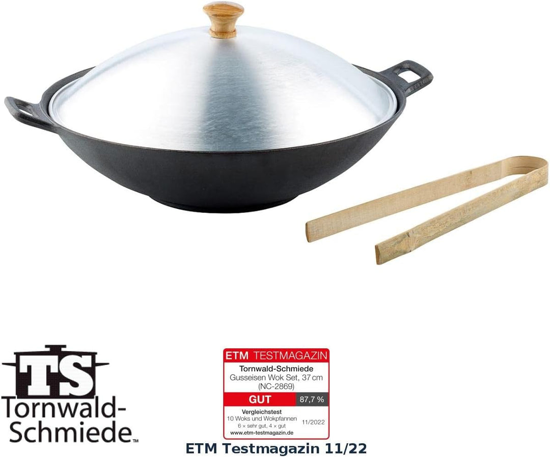Tornwald-Schmiede Wokpfanne: Gusseisen Wok Set, 37cm (Wok Pfanne Gusseisen, Wok Kochtopf, Geschenkid
