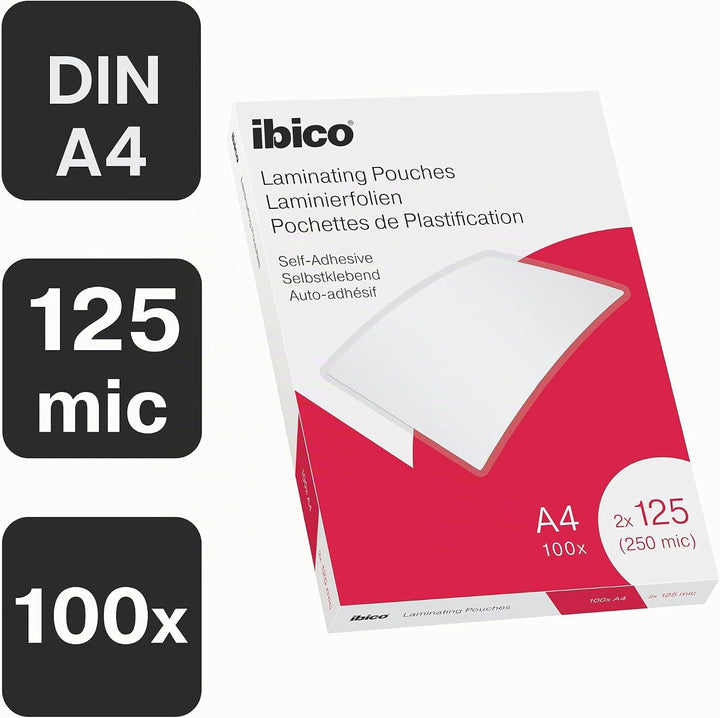 Ibico Selbstklebende Laminierfolien A4 125 mic, 100 Stück, glänzende Heisslaminierfolien, abgerundet