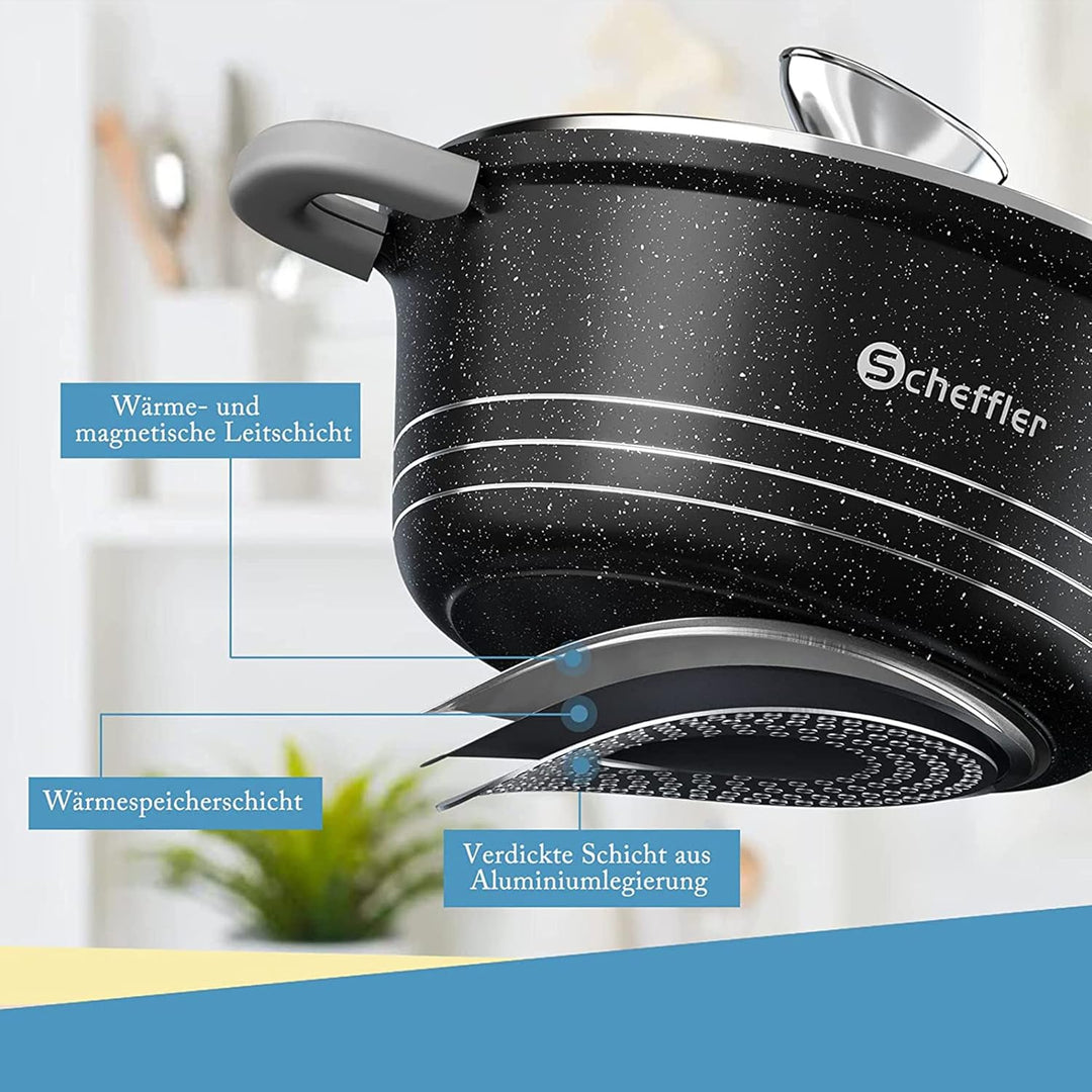 Scheffler Topfset mit Glasdeckel Kochtopf Set Induktions Töpfe Set, 2.2L/24cm,4L/28cm,6L,Töpfe Set,