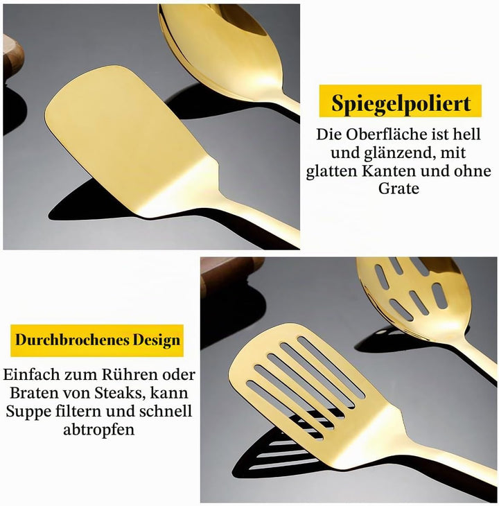 HOMQUEN Gold Küchenutensilien Set 4pcs, Titan Gold Beschichtung Edelstahl Kochutensilien Set, Küchen
