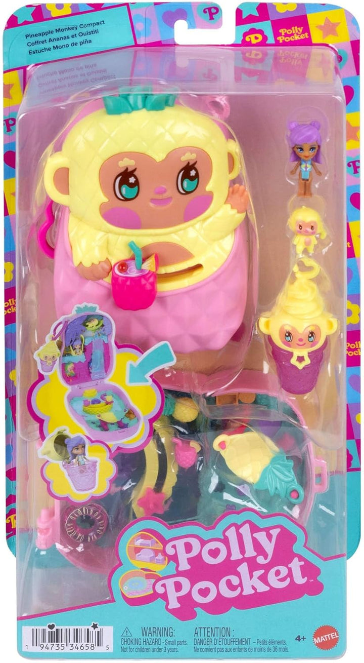 Polly Pocket Puppen und Spielset, Ananas-Äffchen-Schatulle, Reisespielzeug mit 1 Mikropuppe, Haustie