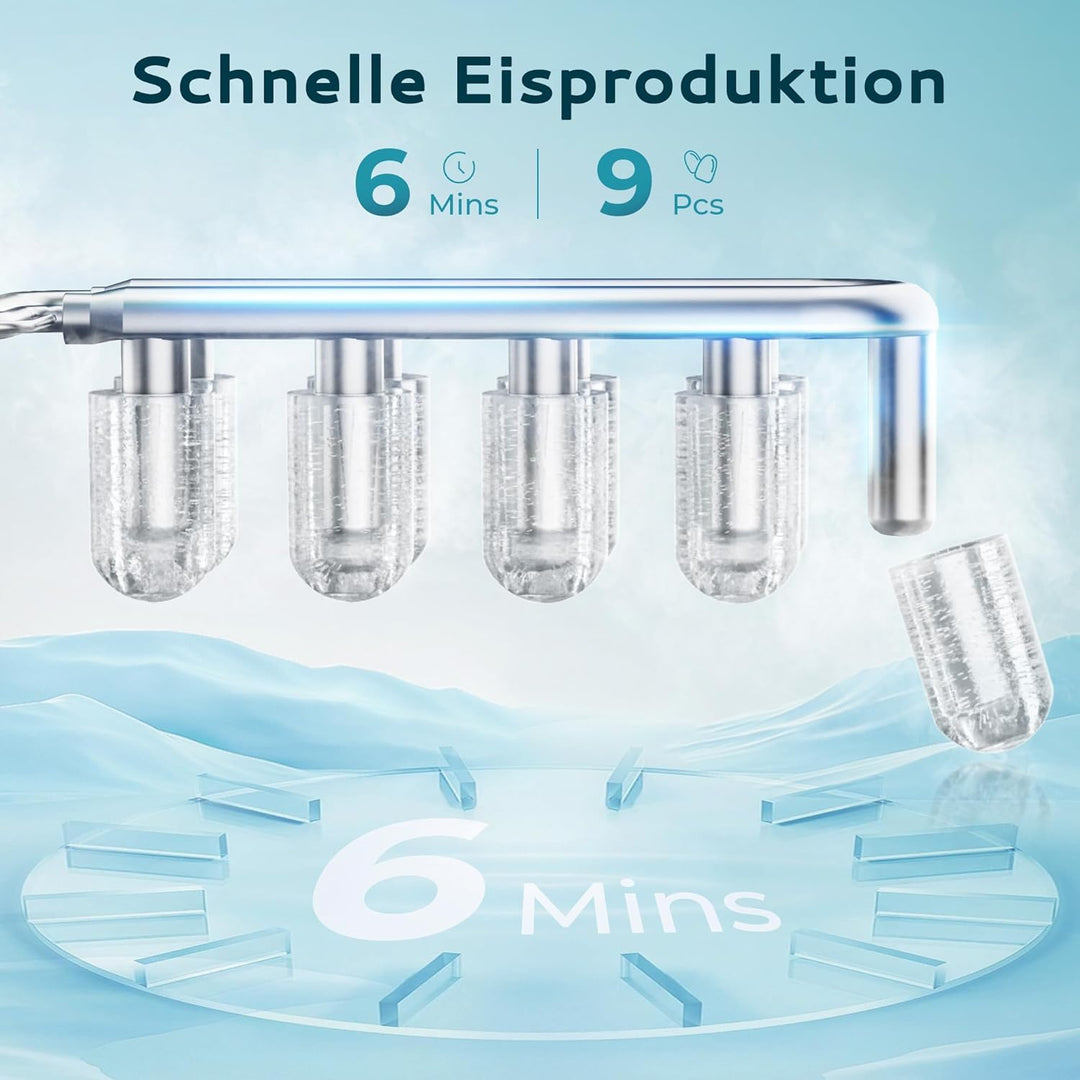 EUHOMY Eiswürfelmaschine, 9 Würfel in 6 Min, Bullet-Eismaschine, 2 Würfelgrössen, Edelstahl-Eismasch