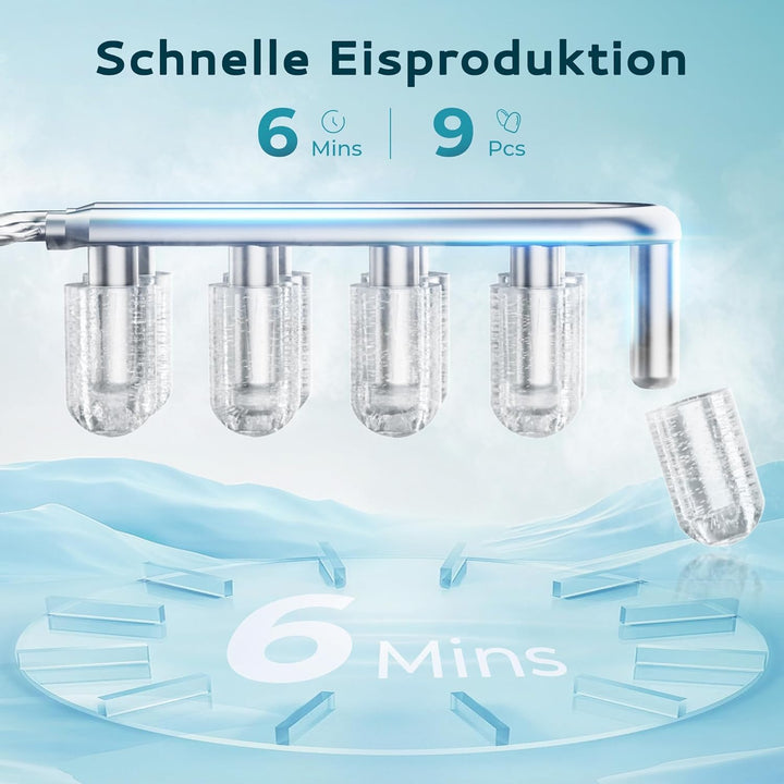 EUHOMY Eiswürfelmaschine, 9 Würfel in 6 Min, Bullet-Eismaschine, 2 Würfelgrössen, Edelstahl-Eismasch