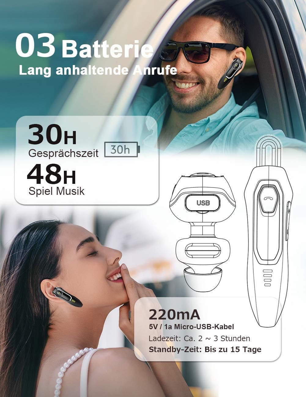 Bluetooth Headset Handy V5.0 mit Mikrofon, Unterdrückung von HD-Sprachgeräuschen, 30 Hrs Talking und