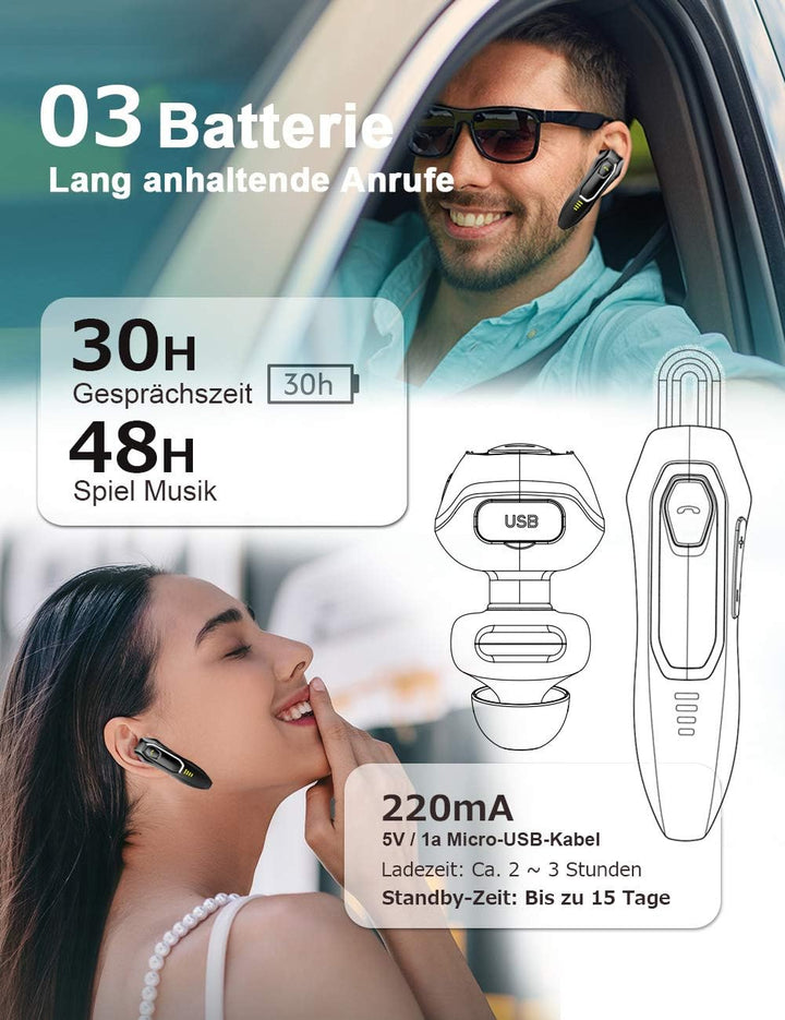 Bluetooth Headset Handy V5.0 mit Mikrofon, Unterdrückung von HD-Sprachgeräuschen, 30 Hrs Talking und