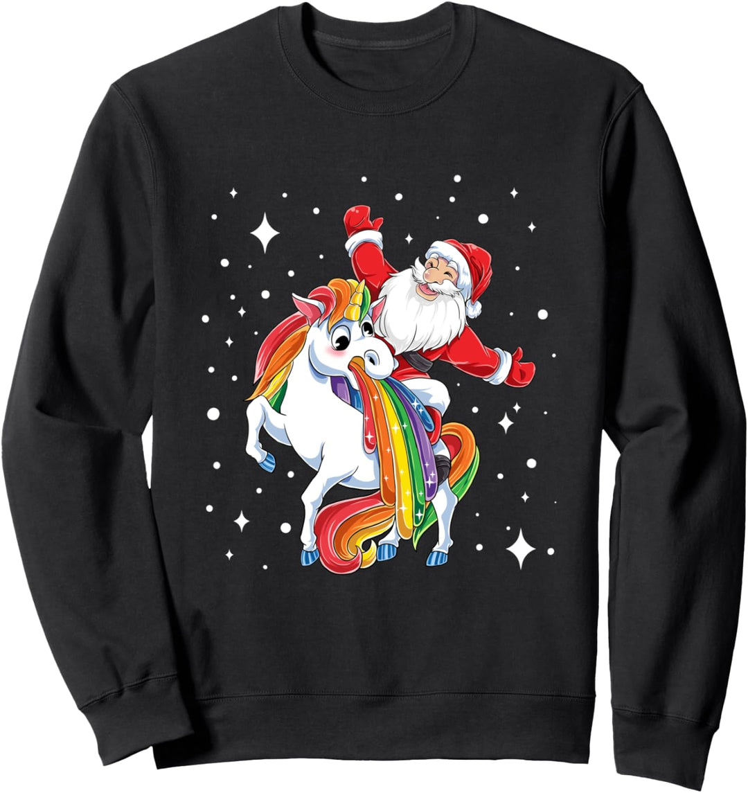 Santa Claus Reitet Kotzendes Einhorn Lustiges Weihnachten Sweatshirt