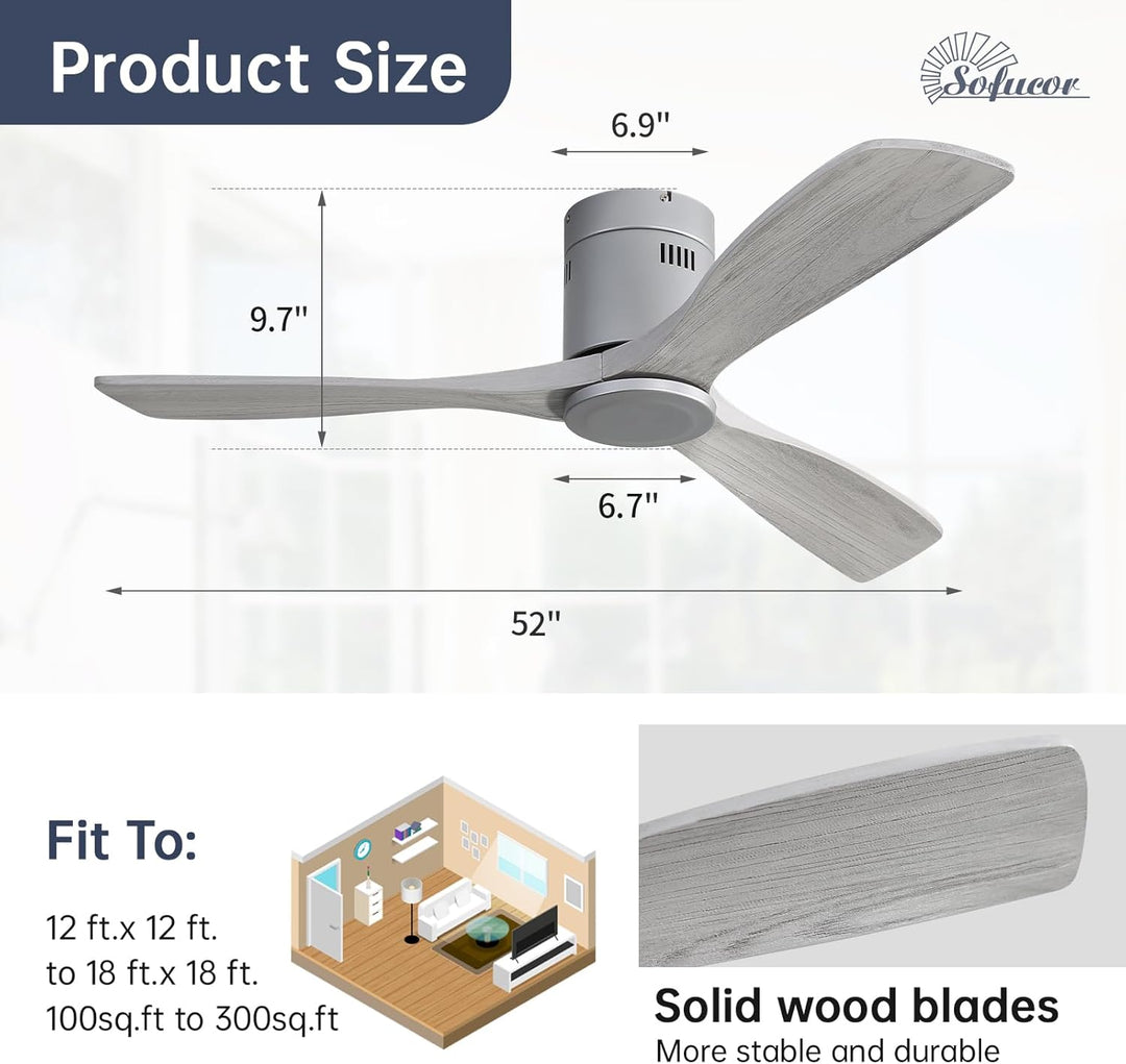 Sofucor Deckenventilator mit Fernbedienung, Deckenventilator aus Massivholz mit 3 Holzlüfterblätter,