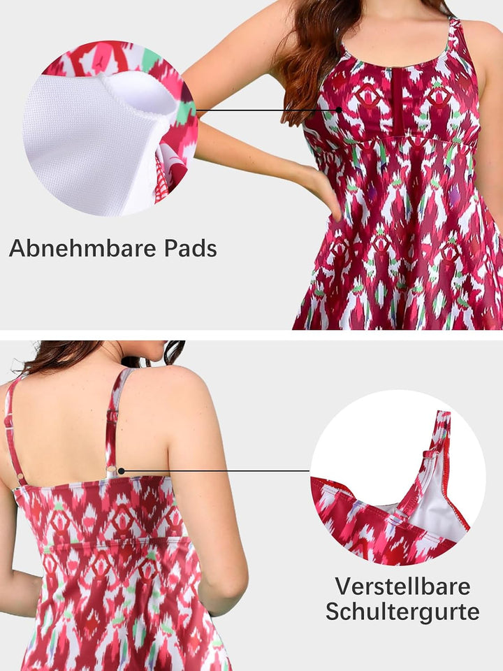 Ecupper Damen Tankini Set Badekleid Blumen Muster Badeanzug mit Shorts Swimsuit Übergrösse S Rot, S