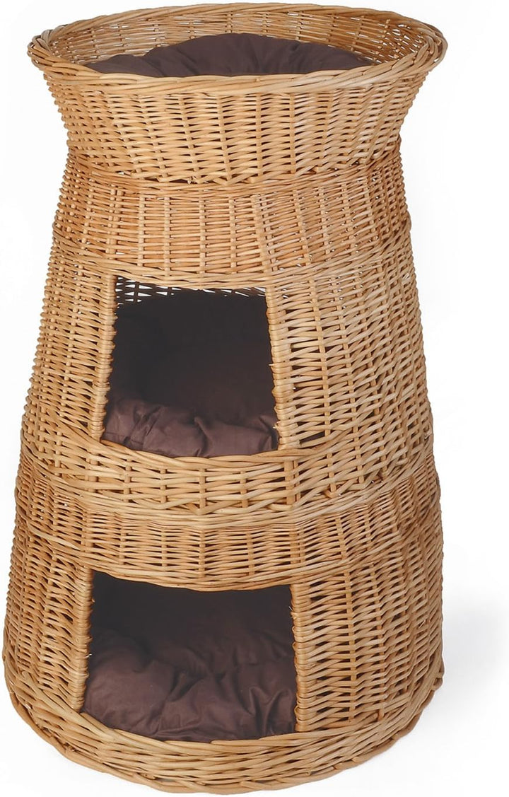 WEIDENPROFI Katzenkorb, Katzenturm aus Heller Weide inkl. 3 Kissen, Grösse ca.: Ø 48 – 58 cm x 82 cm