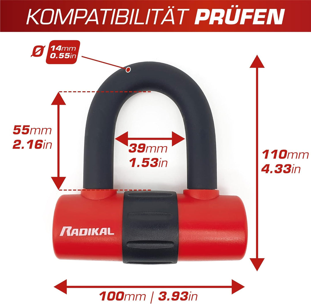 RADIKAL RK72120L Diebstahlsicherung Motorrad 2 in 1 Doppelfunktion Kettenschlaufe 120 cm und Mini U
