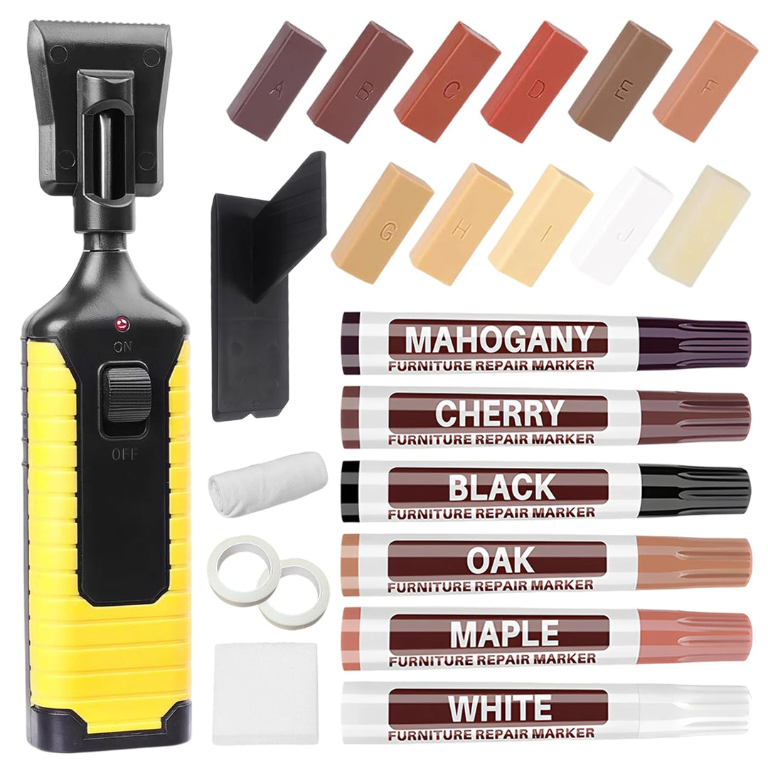 Laminat Reparaturset, Parkett Reparaturset mit 11 Farben Hartwachs, 6 Möbel Reparaturmarker, Schmelz