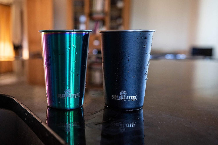 Greens Steel Edelstahlbecher - 4 Stück, Schwarz, 475ml I Einwandiges, stapelbares & wiederverwendbar