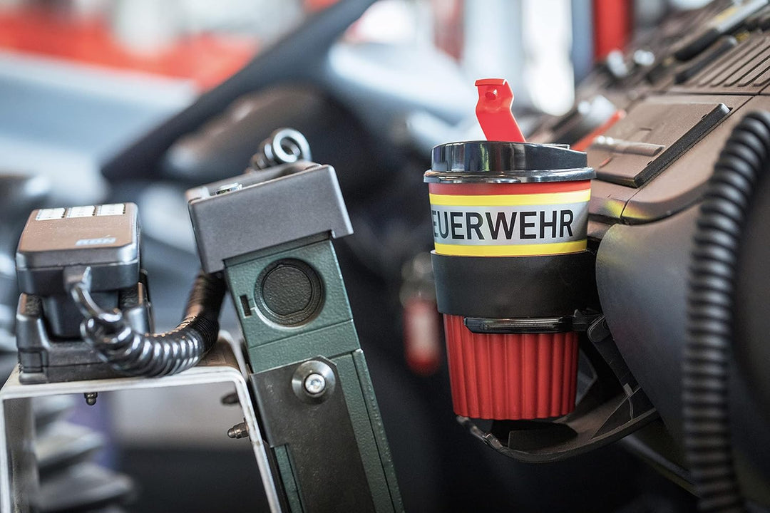 PACOTEX FEUERWEHR To-Go Coffee Becher rot mit gelb-silber-gelb Streifen in Feuerwehroptik, 350ml, mi