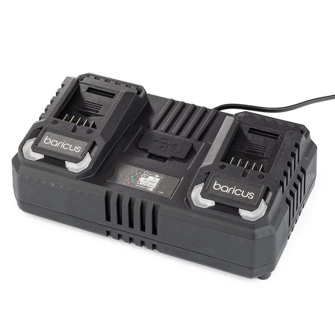 Baricus Doppelladegerät 18V – Ladegerät geeignet für alle 18V 2Ah & 4Ah Akkus - mit USB & USB-C - B-