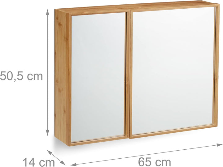 Relaxdays Bad Spiegelschrank 2-türig, Wandschrank aus Bambus, vormontierter Badschrank HxBxT: 50 x 6