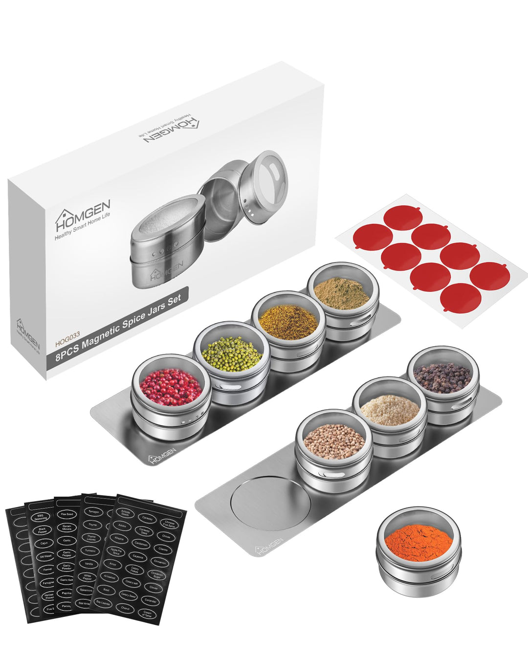 HOMGEN Gewürzdosen Magnetisch 8 Stück Edelstahl Gewürzgläser Set Magnet 100ml Gewürze Spice Jars Mag