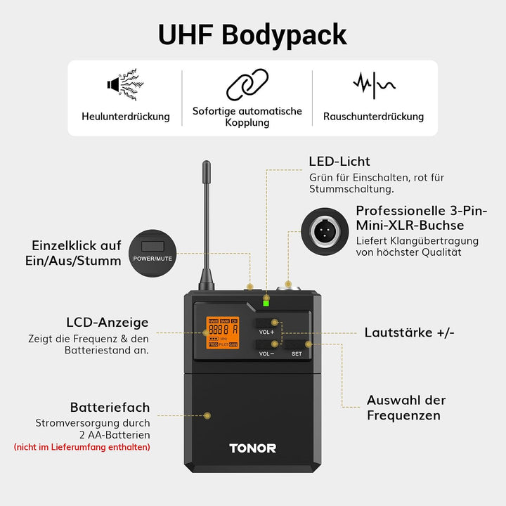 TONOR 4-Kanal UHF Mikrofon Kabellos Set mit 4 Bodypack Transmitter/Headset/Lavalier Wireless Microph