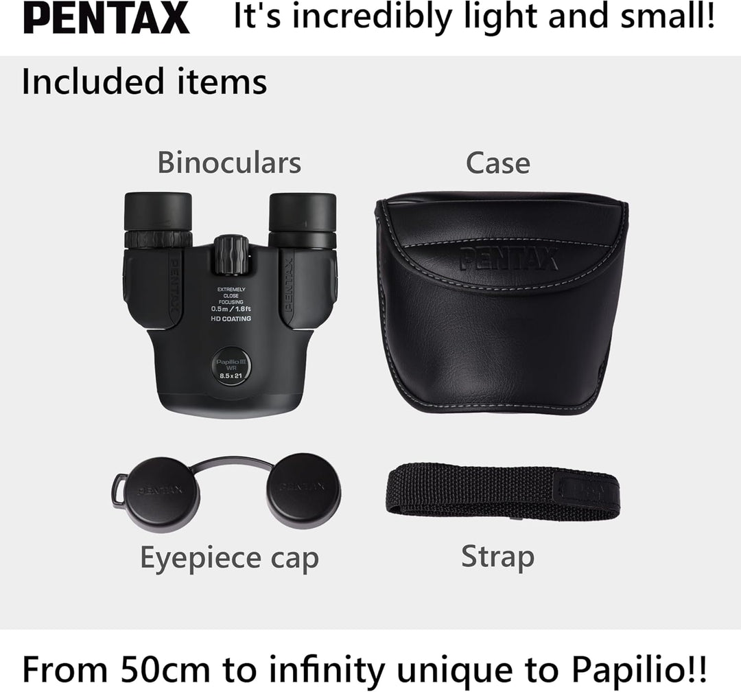 Pentax Papilio III Fernglas, 8,5 x 21, wetterfest, Schwarz, Fokus 50 cm, spritzwassergeschützt, Muse