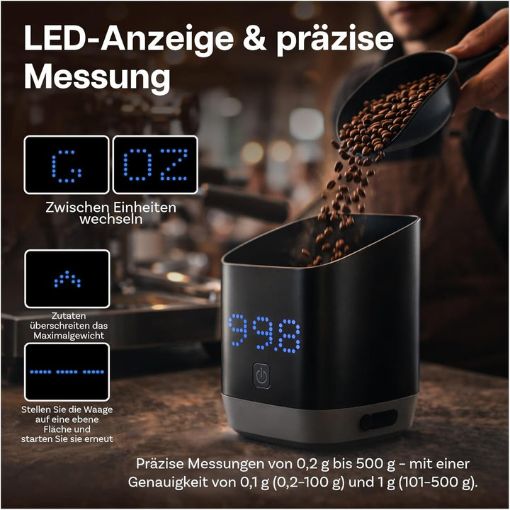 Digitale Kaffeewaage mit LED-Display von MMOBIEL – 0.1g/1g Präzision Kaffee Dosierbecher für Espress