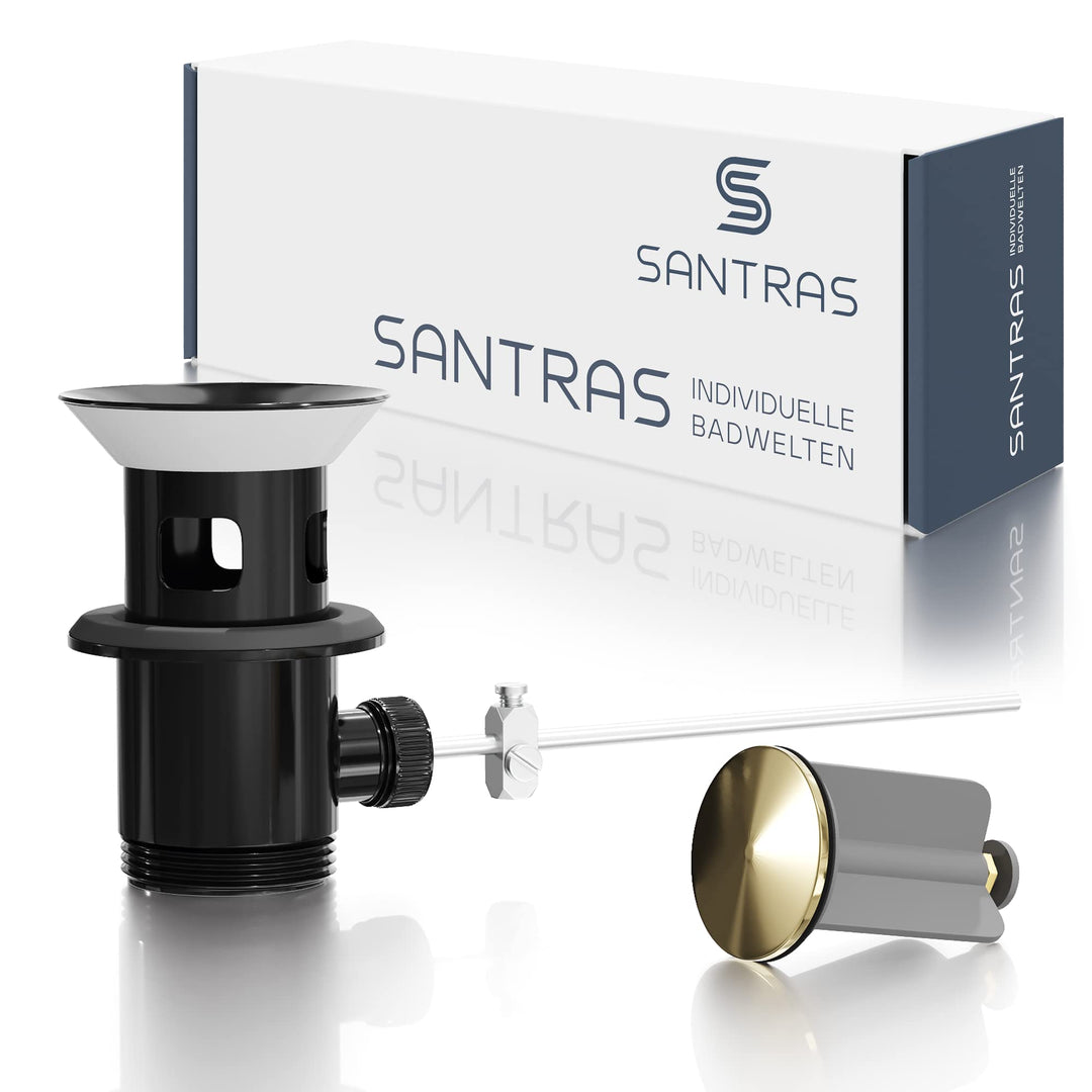 SANTRAS® Exzenter Ablaufgarnitur Premium für Waschtisch mit Schutz vor Überlauf in Schwarz/Gold – Ko
