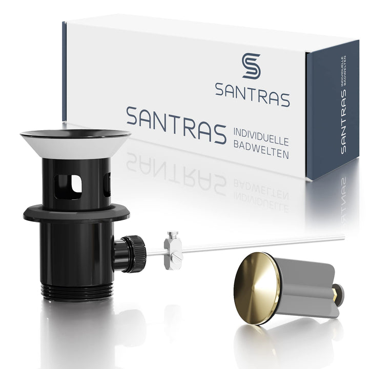 SANTRAS® Exzenter Ablaufgarnitur Premium für Waschtisch mit Schutz vor Überlauf in Schwarz/Gold – Ko