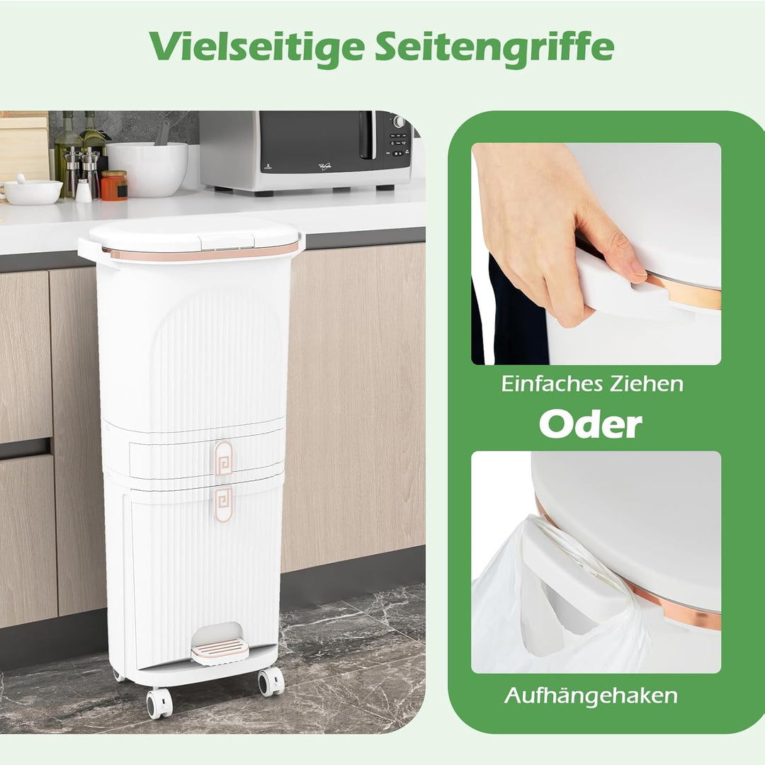 COSTWAY Mülleimer Küche, Mülltrennsystem 3 Fächer, 2 x 12L Inneneimer & 14L Treteimer, Abfalleimer m