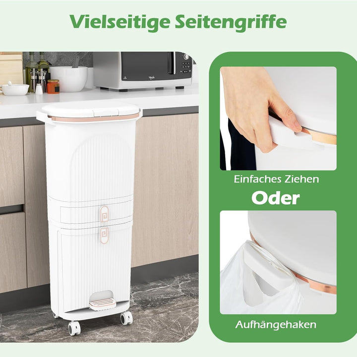COSTWAY Mülleimer Küche, Mülltrennsystem 3 Fächer, 2 x 12L Inneneimer & 14L Treteimer, Abfalleimer m