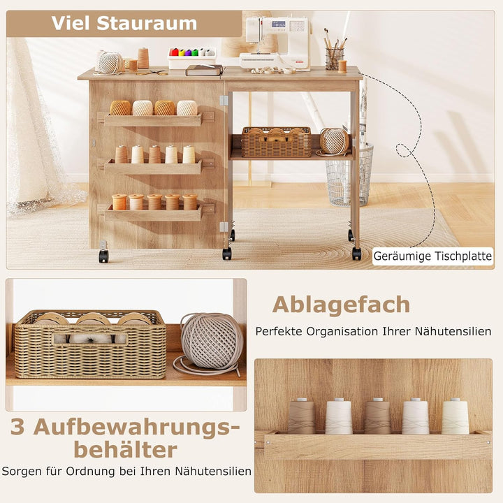 GIANTEX Nähtisch klappbar, Nähmaschinentisch auf Rollen, Nähtisch für Nähmaschine, Nähschrank Holz,